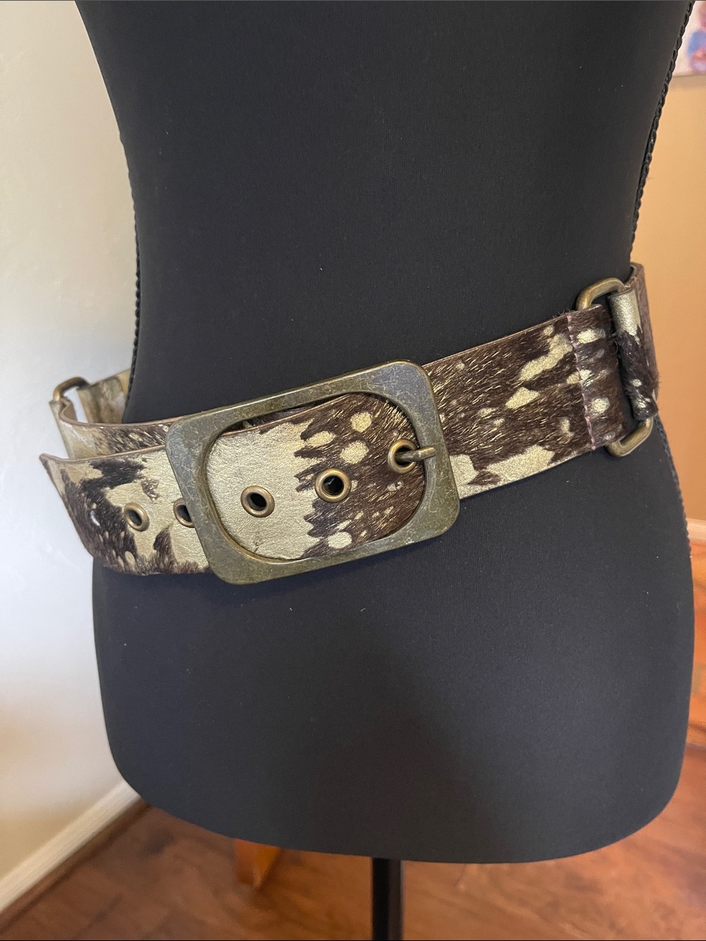 Cartellini  Brown and Cream Haircalf Western Belt w Antiqued Brass Buckle